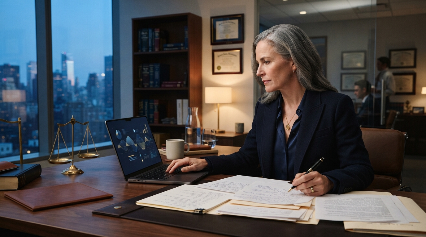 AI in law firms in 2026 with attorney reviewing legal documents and AI-assisted research