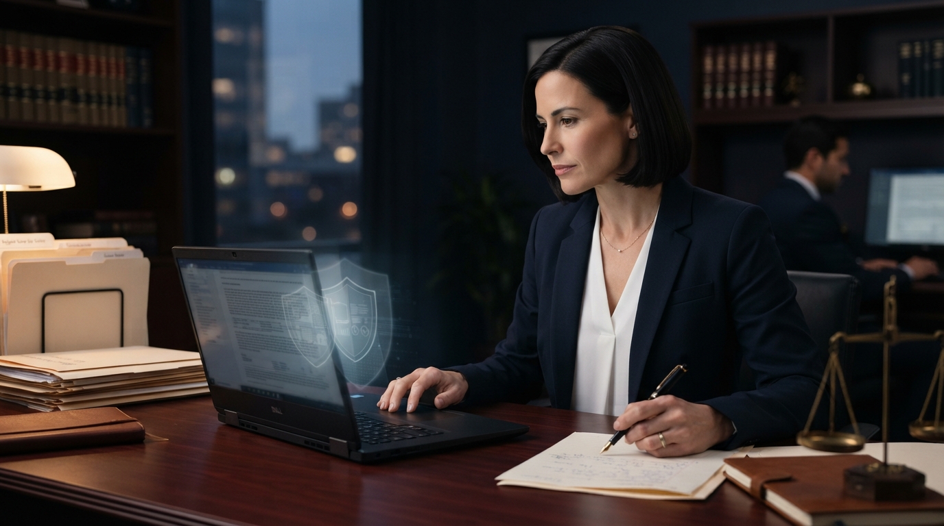 AI in law firms with attorney reviewing confidentiality, cybersecurity and legal ethics
