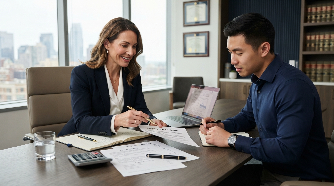 Client reviewing attorney fees and engagement agreement before hiring a lawyer (2)