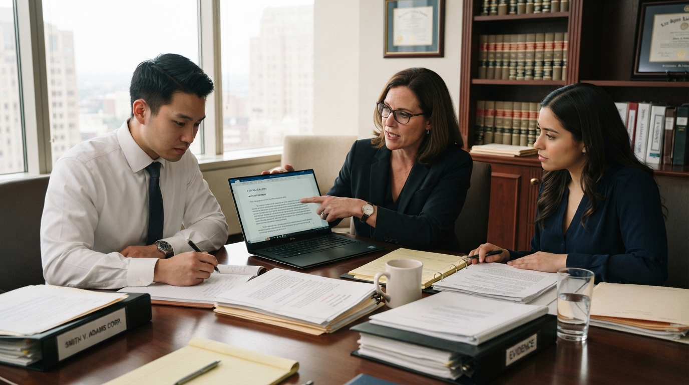 Lawyers reviewing and verifying an AI-assisted court filing before submission