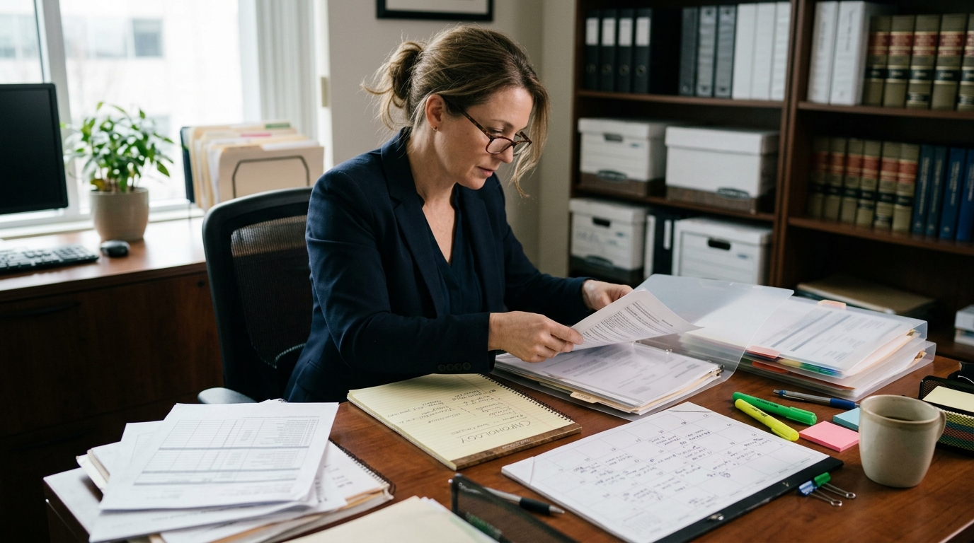 Attorney organizing treatment records and dates to evaluate a medical malpractice filing deadline