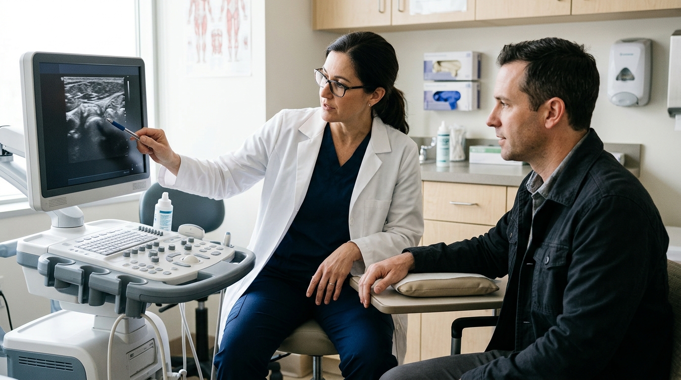 Physician reviewing wrist symptoms and diagnostic evidence after an earlier medical procedure